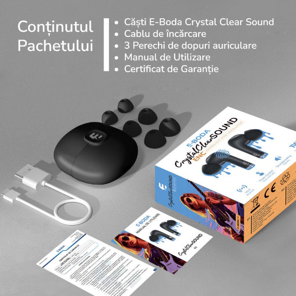 Căști E-Boda, True Wireless, ENC Crystal Clear Sound, Albe/Negre - FIDELORIS