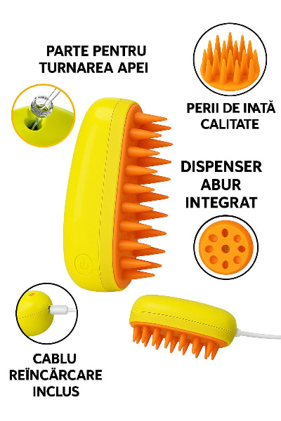 Perie 3 în 1 pentru Animale de Companie cu Aburi, Pulverizator și Dozator Integrat