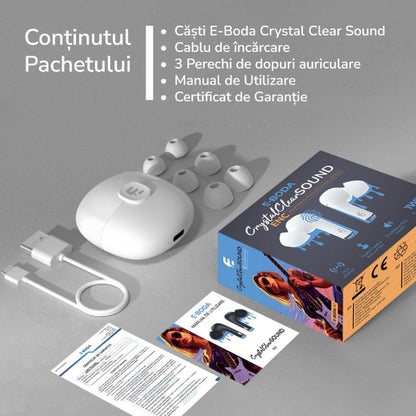 Căști E-Boda, True Wireless, ENC Crystal Clear Sound, Albe/Negre - FIDELORIS