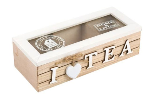 Cutie Depozitare Ceai „I Love Tea” din Lemn cu 3 Compartimente și Capac din Sticlă