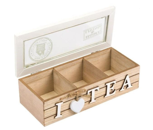 Cutie Depozitare Ceai „I Love Tea” din Lemn cu 3 Compartimente și Capac din Sticlă