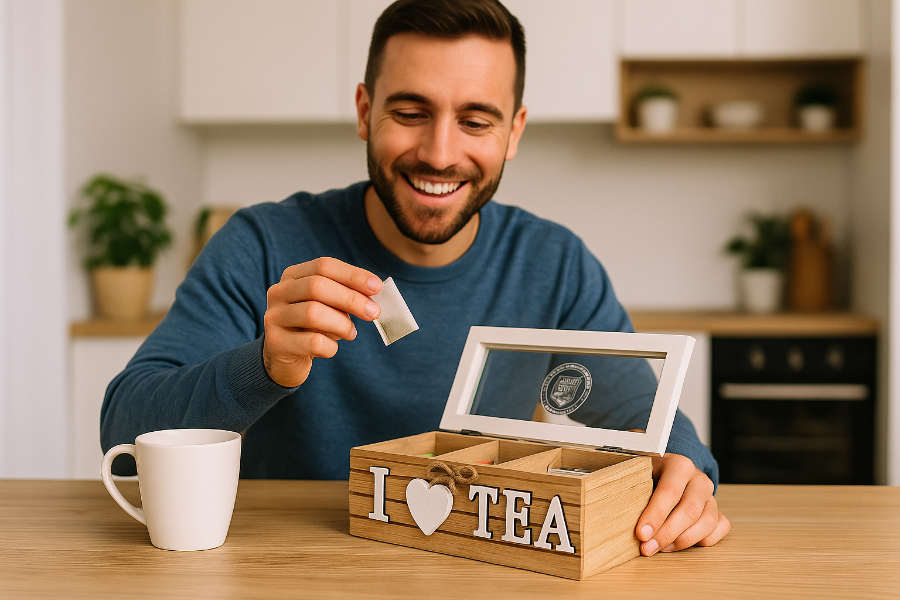 Cutie Depozitare Ceai „I Love Tea” din Lemn cu 3 Compartimente și Capac din Sticlă