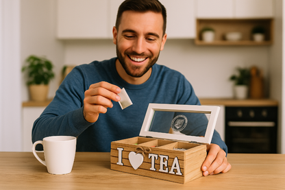 Cutie Depozitare Ceai „I Love Tea” din Lemn cu 3 Compartimente și Capac din Sticlă