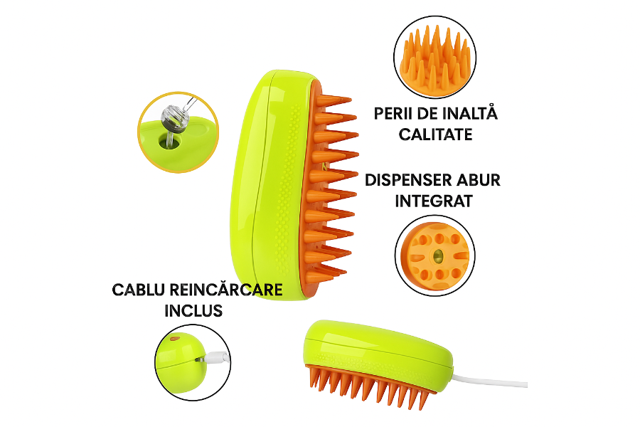 Perie 3 în 1 pentru Animale de Companie cu Aburi, Pulverizator și Dozator Integrat