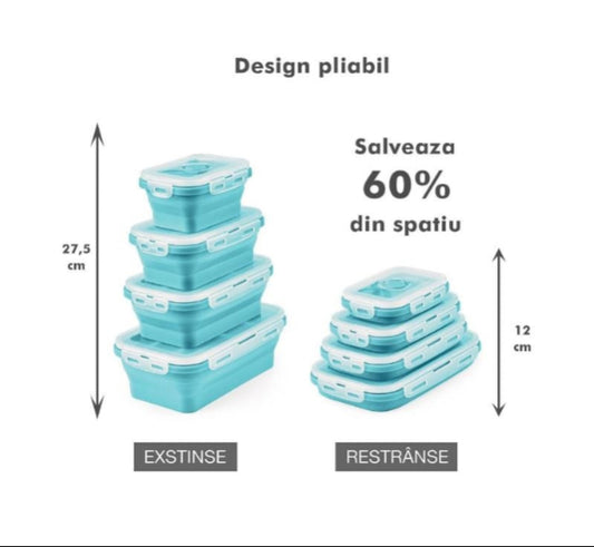 Set 4 Caserole Pliabile Dreptunghiulare din Silicon Alimentar cu Capace Etanșe