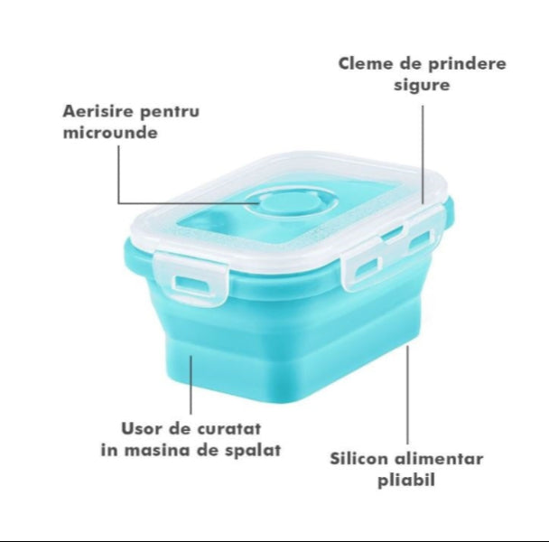 Set 4 Caserole Pliabile Dreptunghiulare din Silicon Alimentar cu Capace Etanșe