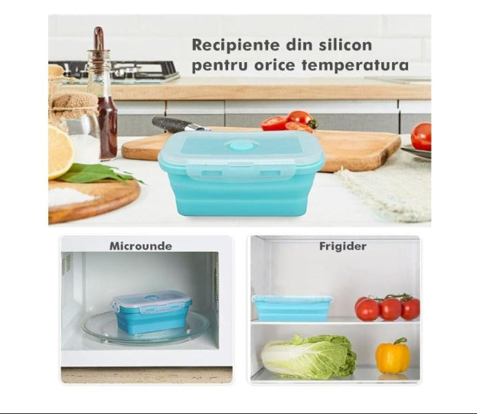 Set 4 Caserole Pliabile Dreptunghiulare din Silicon Alimentar cu Capace Etanșe