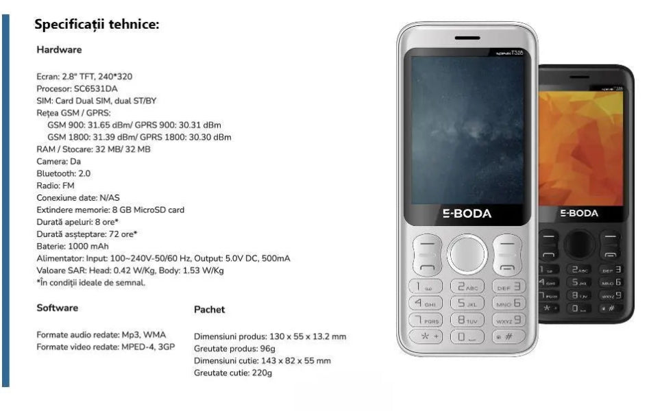 Telefon Mobil E-Boda, T328, Negru/Argintiu - FIDELORIS